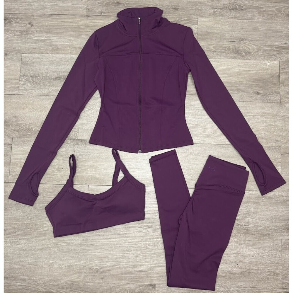 Plum Purple 3 Piece Matching Athleisure Set Jacket Leggings Sports Bra